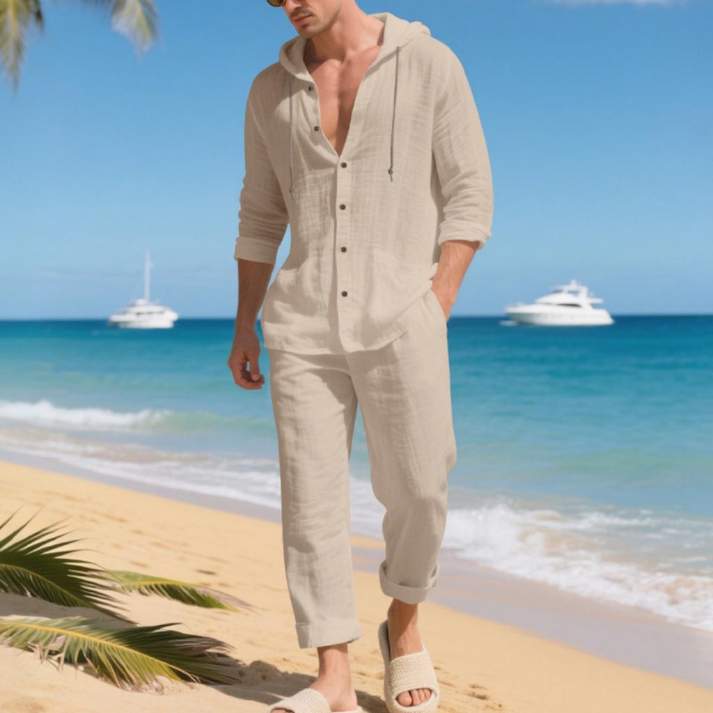 Men's 2,Piece Linen Hooded Shirt Set | Loose Fit Breathable Beach Casual Pants For Daily & Vacation Wear
