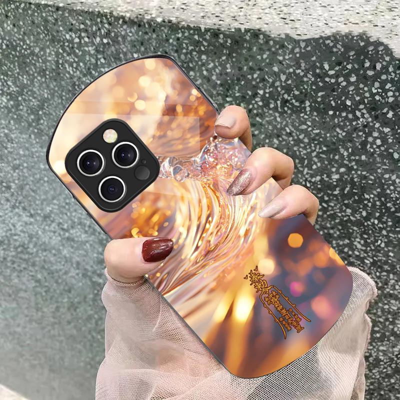 Golden Lotus Powder For IPhone 16 Pro Max 11 12 Mini 13 14 P Lus 15 Plus 7 8 Se 2020 X Xs Elliptical Tempered Glass Phone Case