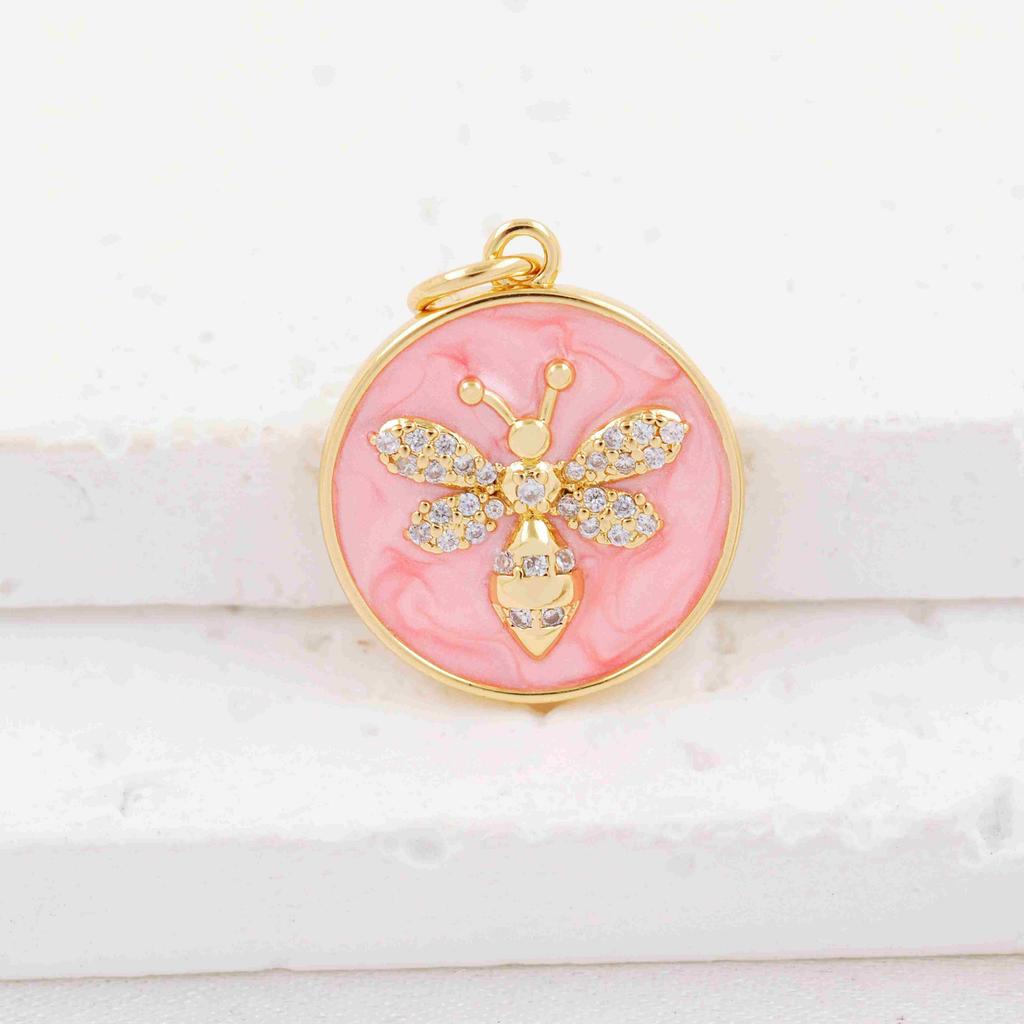 Trendy Gold Plated Bee Charms Pendant Jewelry Copper Inlaid Zircon Round Enamel Insects Necklace Pendant Accessories DIY Jewelry