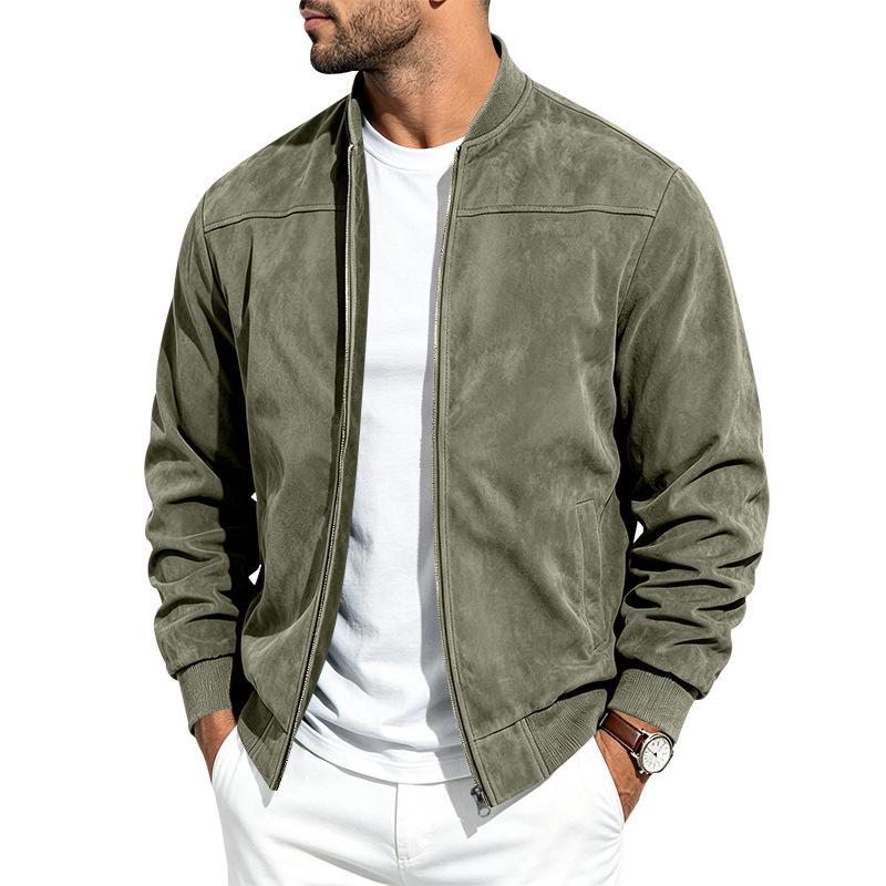 Men's spring-autumn casual jacket in imitation suede, with a round neck and full zipper, a relaxed baseball jacket