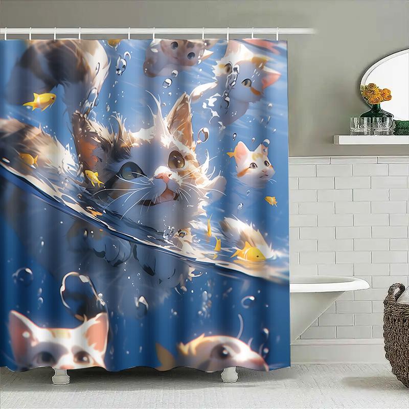 Cute Cat And Fish Shower Curtain For Bathroom - Waterproof And Durable Design Perfect For Home Decor Easy To Clean And Maintain