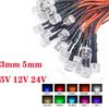 F3/5mm Flat Head Transparent Diffuse LED Signal Indicator with Wires, 3V-24V