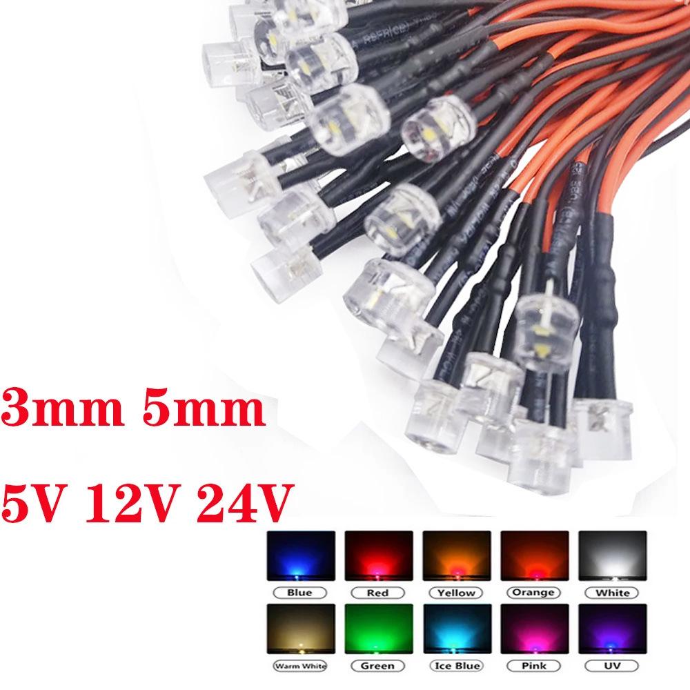 F3/5mm Flat Head Transparent Diffuse LED Signal Indicator with Wires, 3V-24V