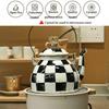 Checkered Black & White Enamel Kettle with Diamond Lid, Wooden Handle, Angled Spout, 2L Capacity - Classic All-Season Teapot