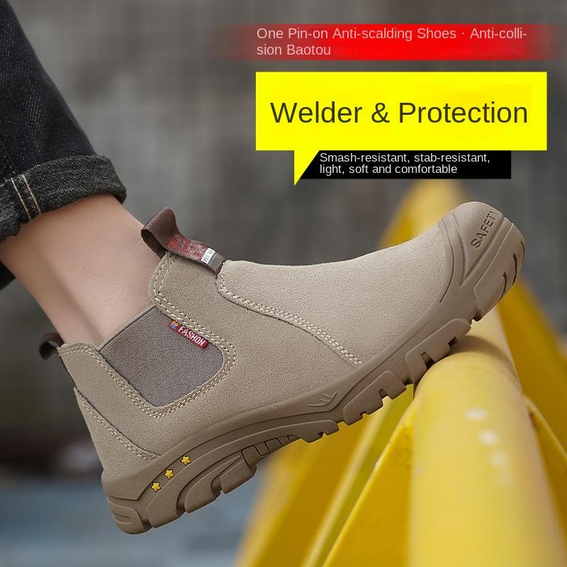 Labor Insurance Shoes Anti-smashing and Anti-piercing Cowhide Electric Welding Shoes Steel Head Non-slip Work Shoes Four Seasons