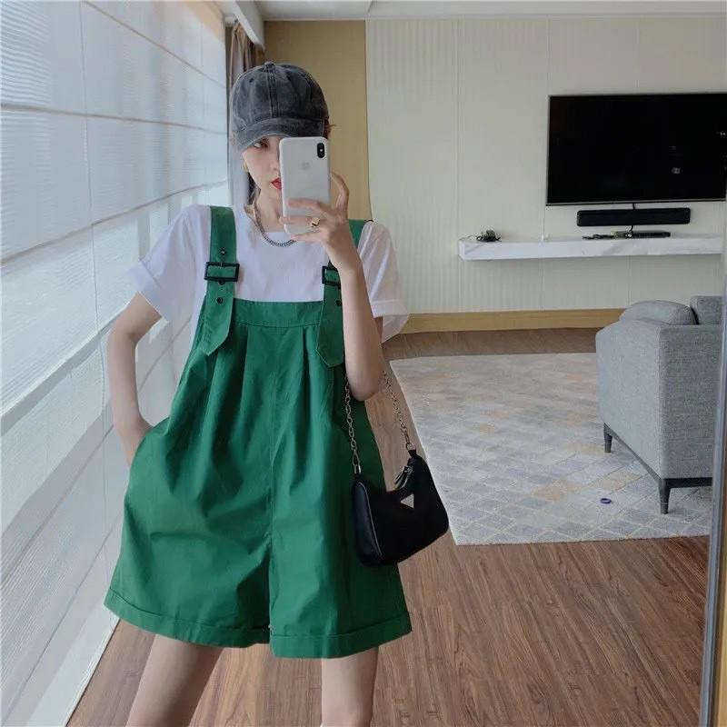 Green Plus Size Petite Cotton Workwear Overalls Shorts for Women - Summer High Waist, Loose Wide-Leg Style 