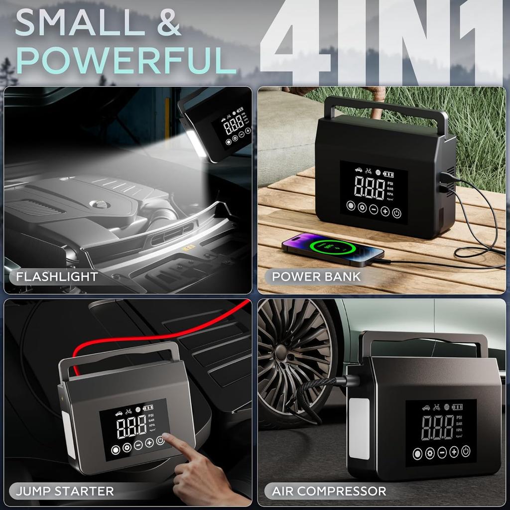 4000A Tragbarer Starthilfe-Booster mit Luftkompressor, 12V Auto-Batteriestrom, 150PSI Reifenfüller, 15000mAh Powerbank, Schnellladung & Fla