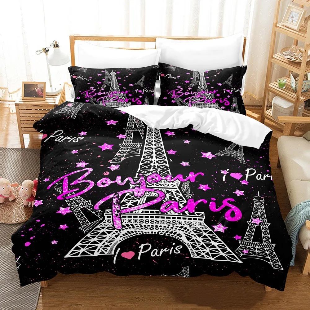 King Comfortable Quilt Cover Set Beding Digital Printing Pink Love Paris Tower Luxurious Bed Linen Set 28*28 Including (duvet Cover+pilowcase