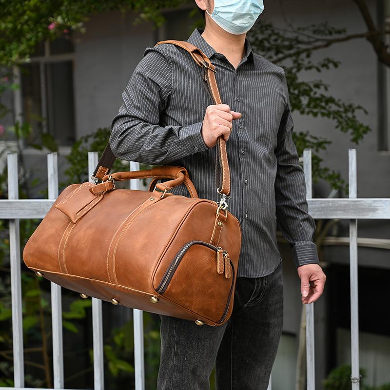 Retro Leather Travel Bag 50Cm Men'S Fitness Luggage Bag Single Shoulder Oblique Span Bag With Shoe Space Cowhide Luggage Bag