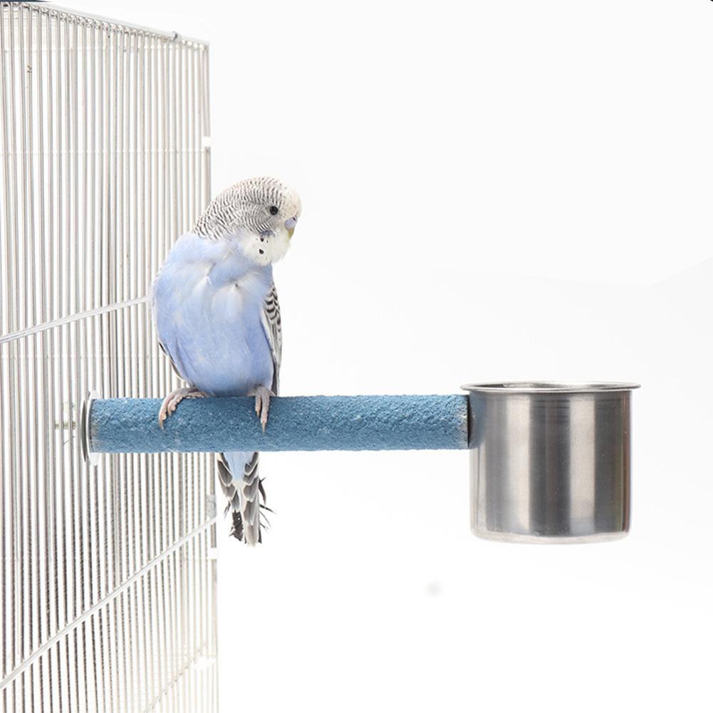 Bird Perch Stand With Feeding Bowl Wooden Quartz Sand Bird Cage Perch Stand Parrot Stainless Steel Food Water Bowls For Parakeet