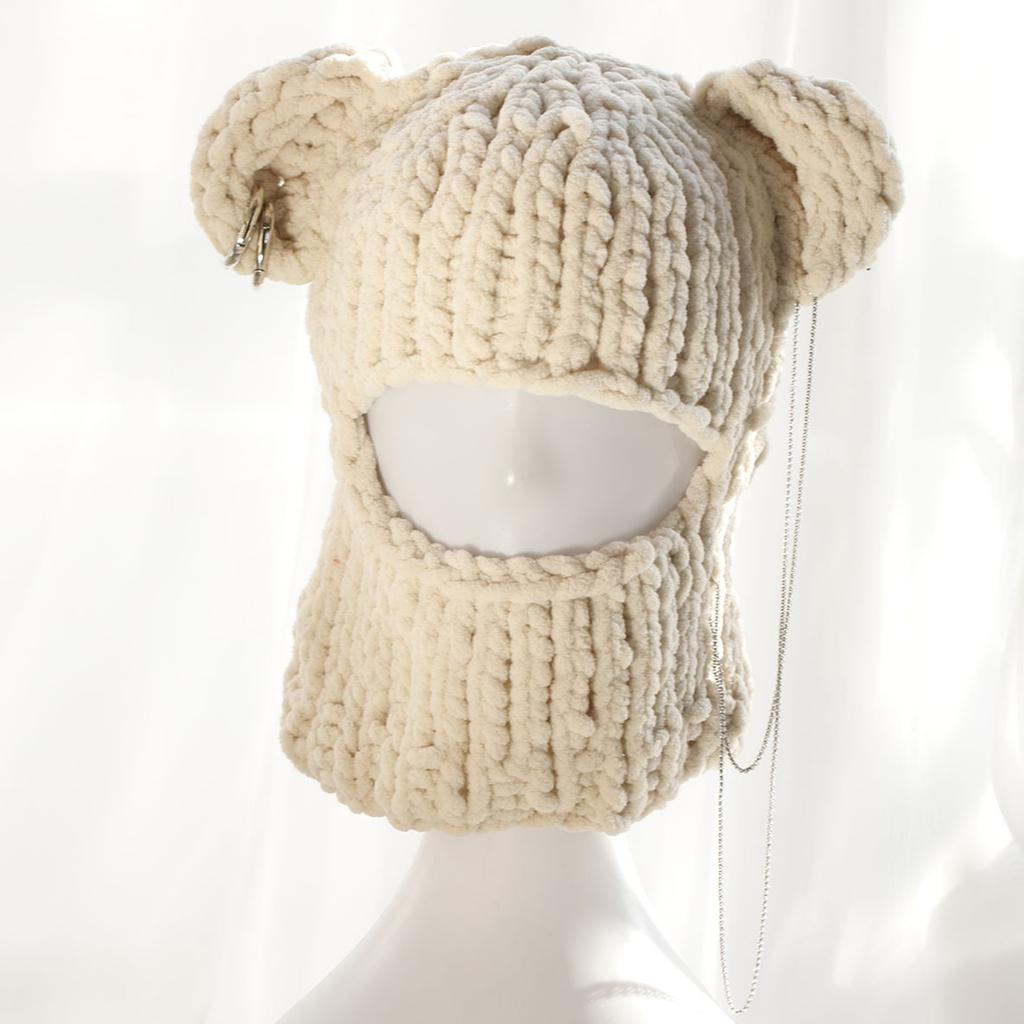 Knitting Balaclava Cap for Women Cute Bear Ears Plush Beanie Hat Handmade Face Cover Hat Crochet Hooded Hat for Party