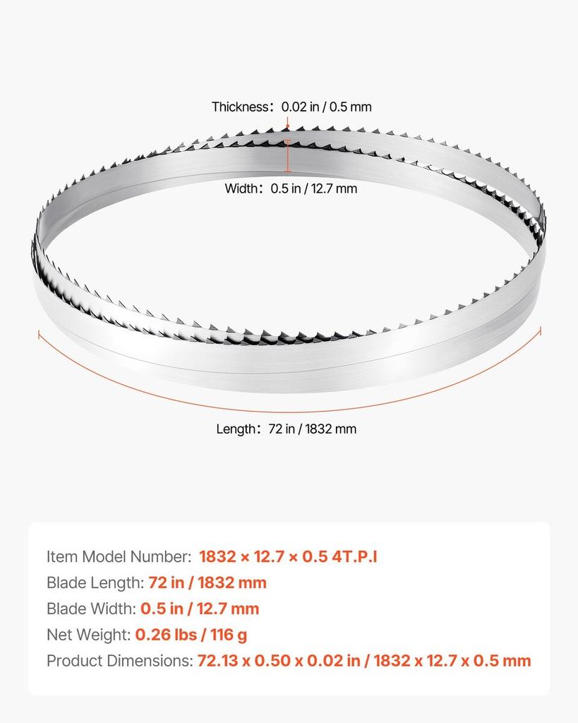 Bandsaw Blade, 1832 mm Length, 4 TPI Band Saw Blade with 18 HRC Hardened Sharp Teeth, SK5 High-Strength Carbon Steel, 12.7 mm Width, Replacement for