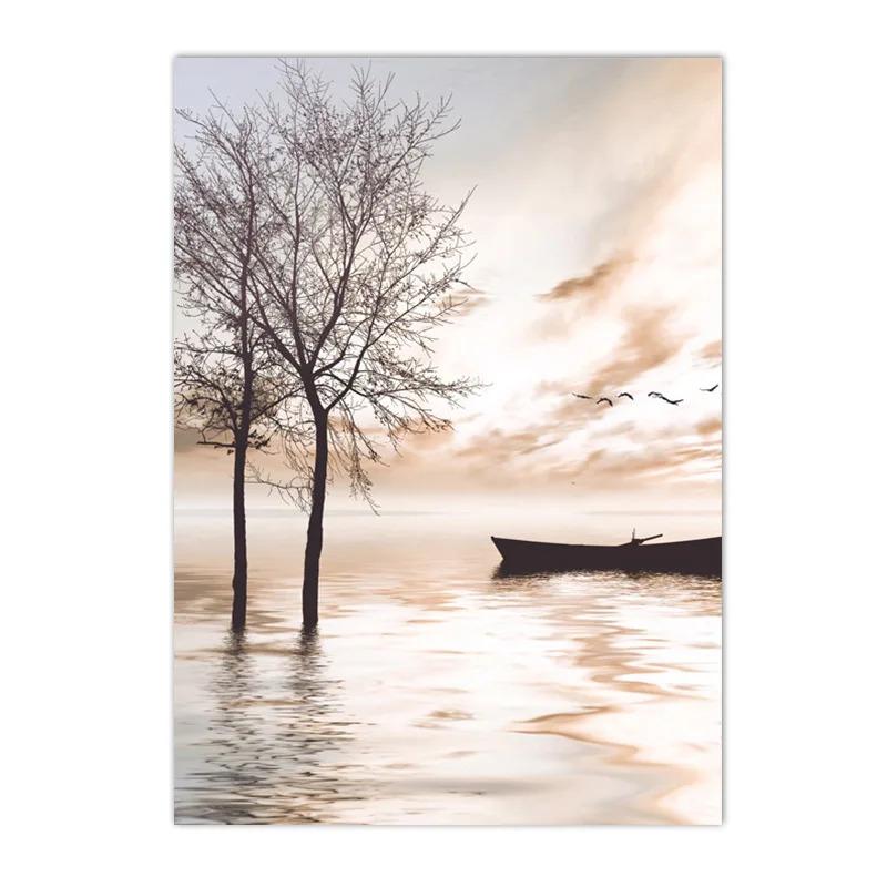 Beige Landscape Sunset Bridge Poster Seaside Canvas Print Painting Reed Flower Bird Wall Art Nordic Living Room Decoration Mural