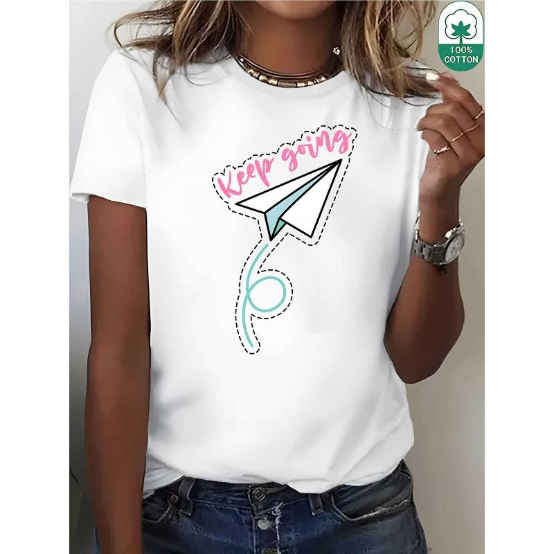 

Trendy Women S Summer T-Shirt Featuring a Paper Airplane Design, This Black And White Regular Fit T-Shirt Is Comfortable And Stretchy S белый