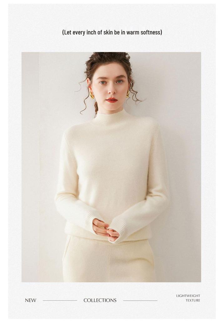 Women's Cashmere Sweater, Soft & Sticky, Half-High Collar, Solid Color, Seven-Gauge Knit, Thick Base Layer, Slimming Versatile Top.