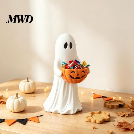 Porta Caramelle Decorativo Statuetta Fantasma di Halloween con Ciotola Zucca, Statua Carina in Resina, Souvenir Autoportante, Porta Dolcetto o Scherzetto per l'Ingresso