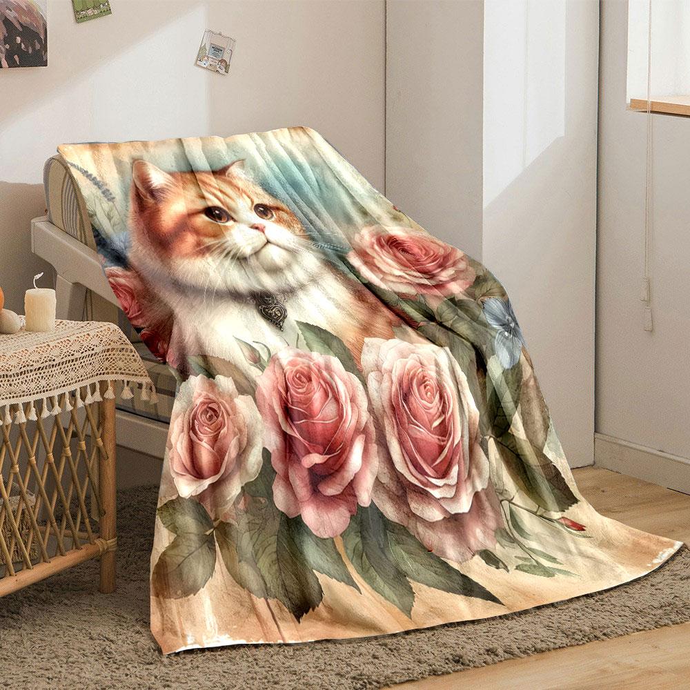 Fluffy Cat Pink Roses Vintage Style Bedroom Blanket for Livingroom Couch Lunch Break Soft Throw for Friend's Festival Gift