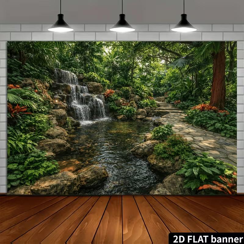 2D Grüner Wald Wasserfall Wandteppich Tropischer Gartenweg Wandkunst Dekor