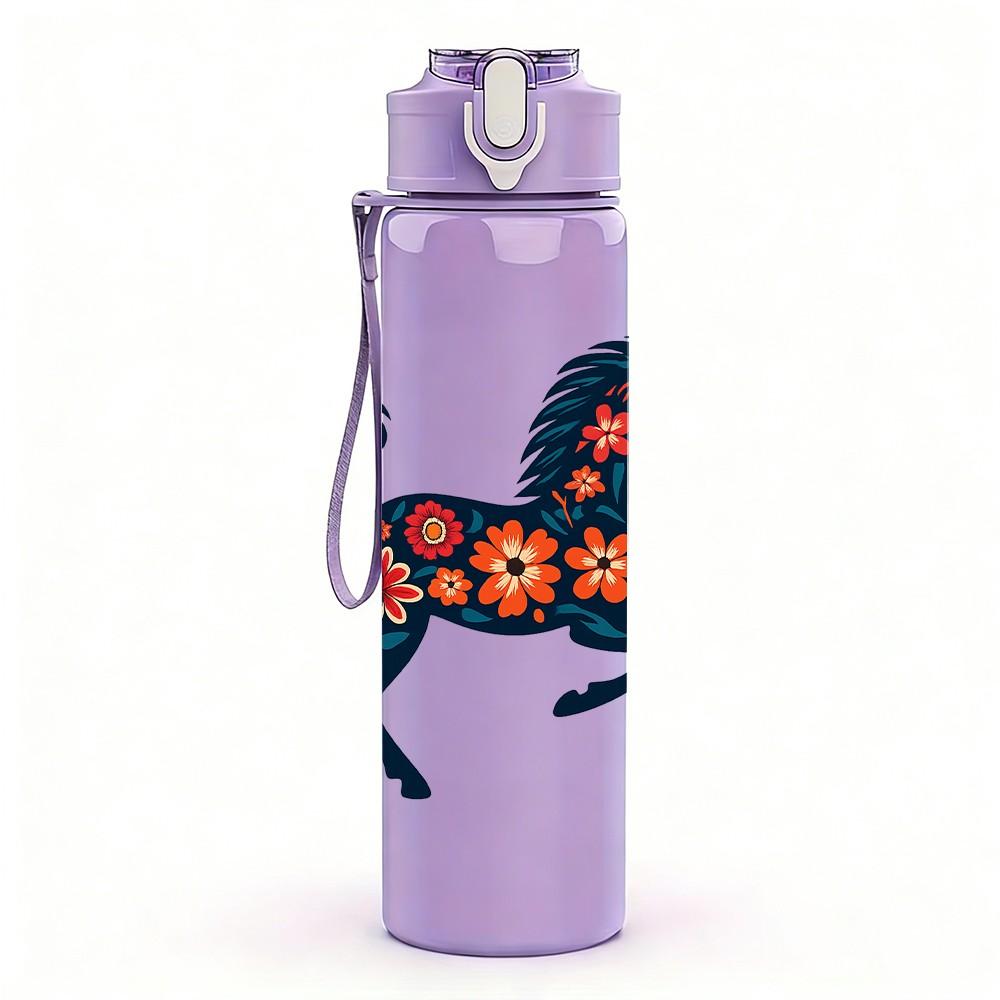 1PC Folk Decorated Black Horse 750ml Color Plastic Sports Water Bottle Leakproof Flip Straw Lid Suitable for Sports Office Home Use