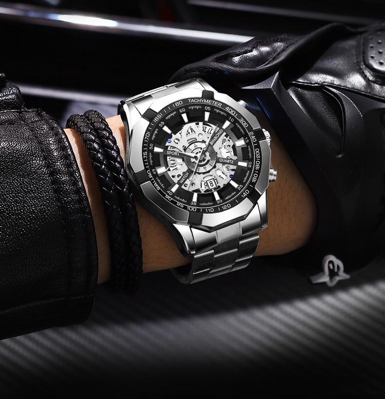 Binbond Skelett Non-Mechanisch Wasserdichte Herrenuhr - Schwarzes Metall & Blaues Design