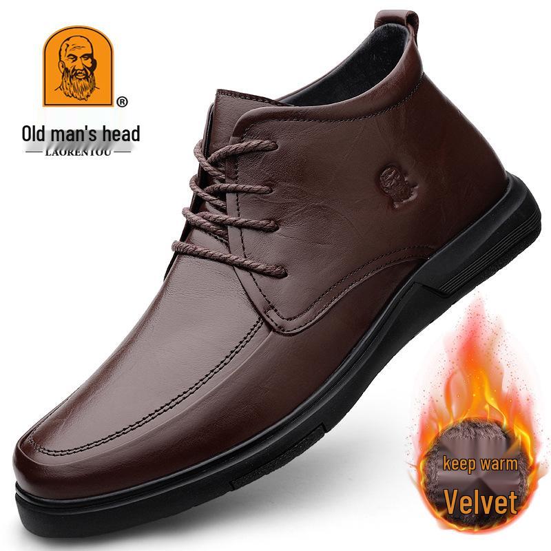 Lao Ren Tou Men s Mid-Calf Leather Boots - Autumn/Winter, Thick Velvet, Round Toe, Casual Cowhide Shoes 37