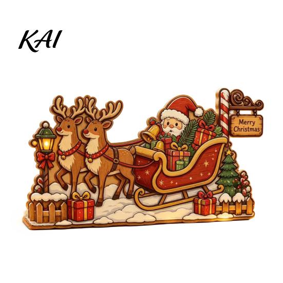 Rustic Winter Home Accents Christmas Wooden House Ornament, Santa Claus/Snowman/Elk Sleds/Winter Cabins Elk Sleigh Tabletop Decor Scene Figurines,