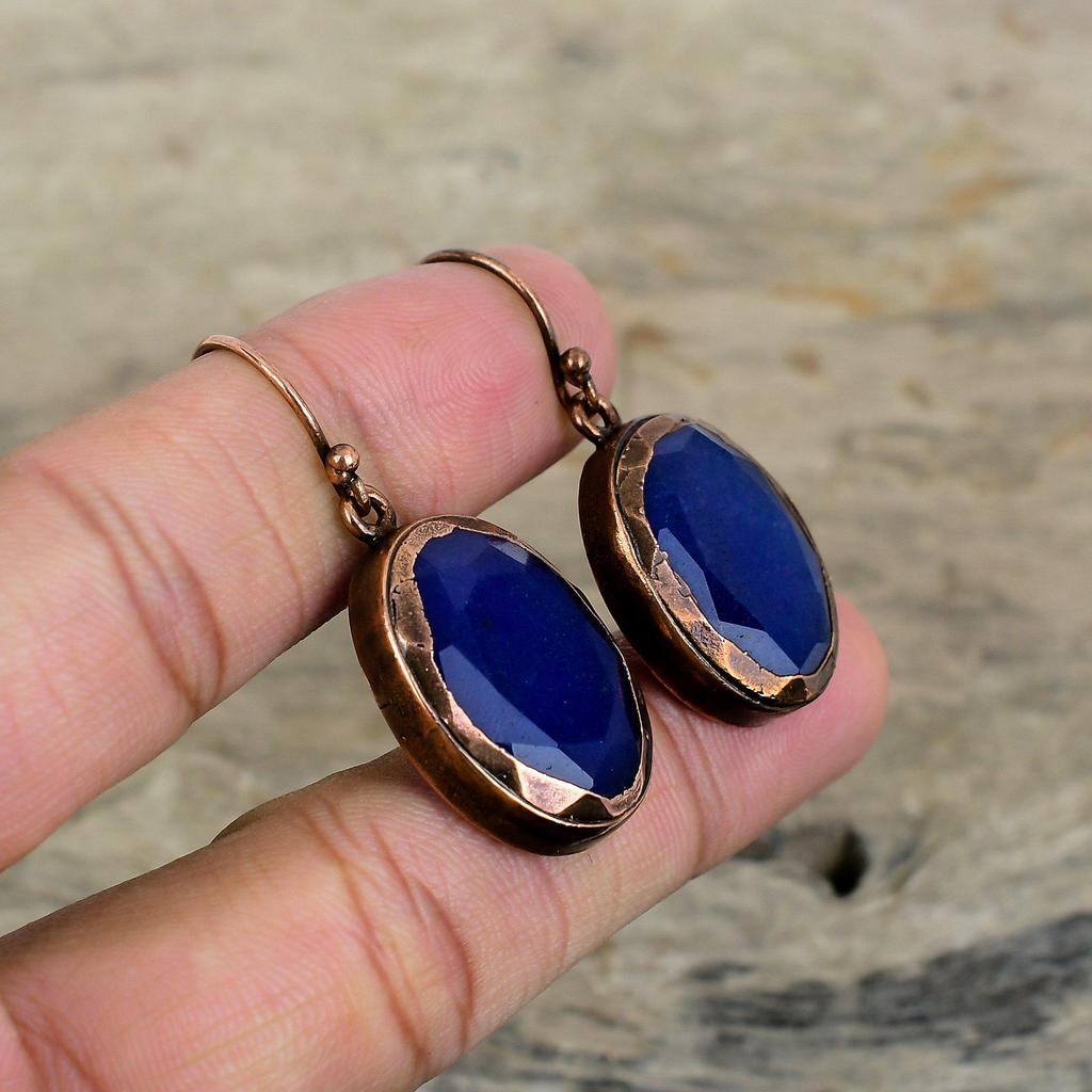 Facettierter Blauer Saphir Ohrring Elektrogeformte Kupferohrringe Handgefertigter Edelsteinschmuck Einzigartige Ohrringe Elektrogeformter Schmuck Verlobungsgeschenke