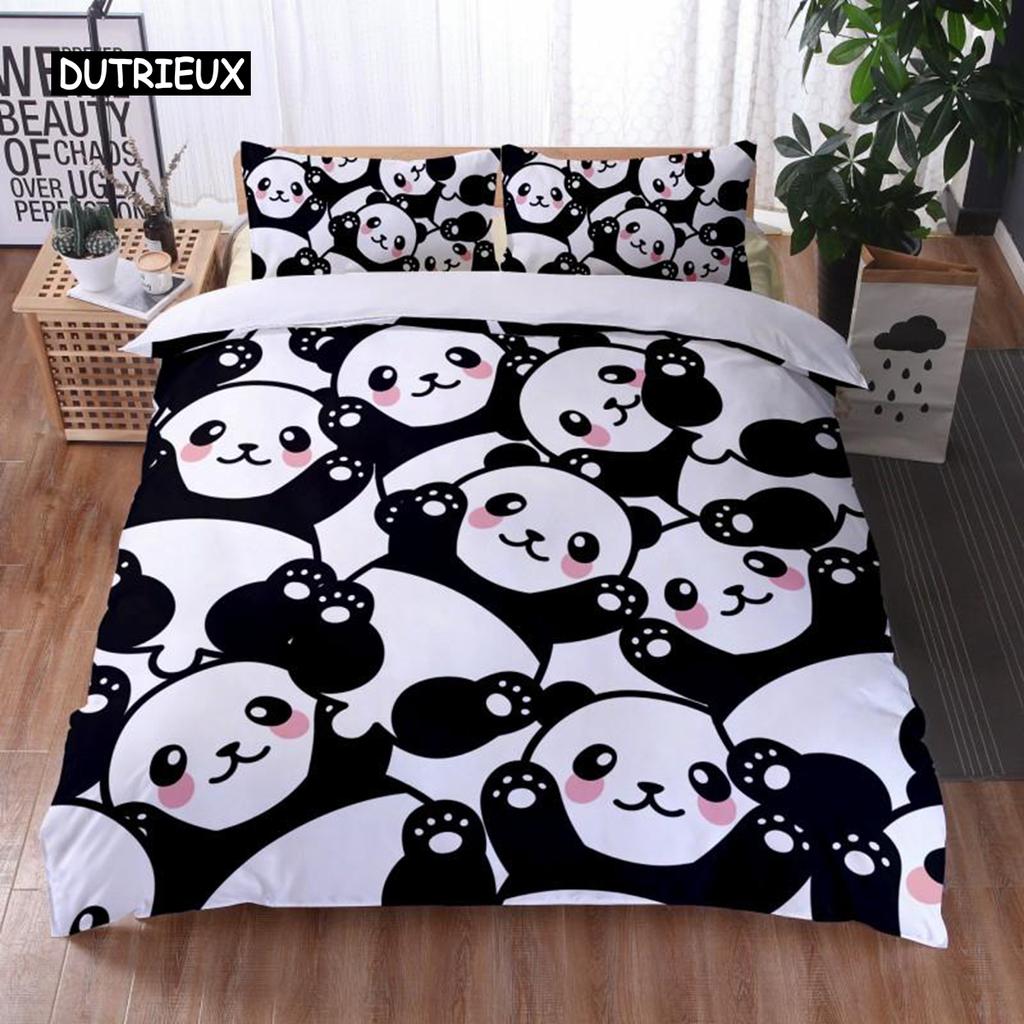 Cartoon Panda Duvet Cover Set King Cute Panda Drinking Water Twin Bedding Set Microfiber Kawaii Black White Bear Comforter Cover