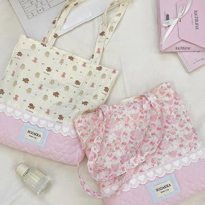 Cute Girl Print Splicing Bag New Tote Student Commuter Shoulder Bag Portable Canvas Bag