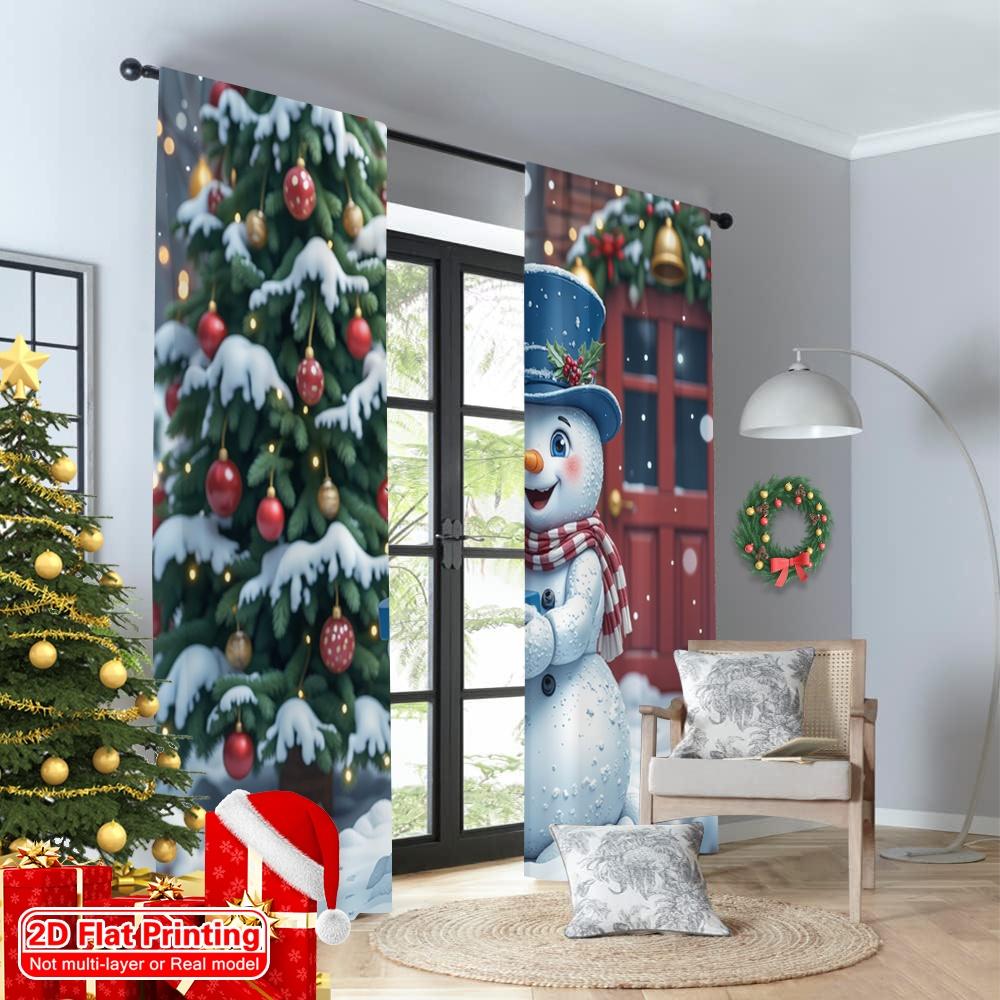 2pcs 2D flat printing Merry Christmas Popular Window Curtains Christmas Snowman Gifts Wreath Bells Polyester Fabric Without