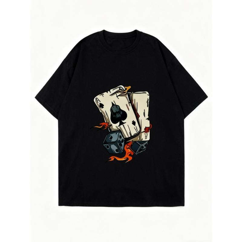 Oversized T-Shirt Black Poker Cards and Dice Flame Print Casual Streetwear Fashion Women's Top