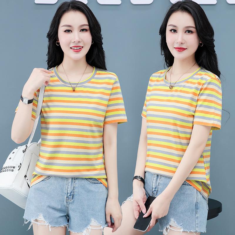Women's Summer Round Neck Striped Cotton T-Shirt: Colorful, Casual, Loose, Age-Reducing, Slimming Design.