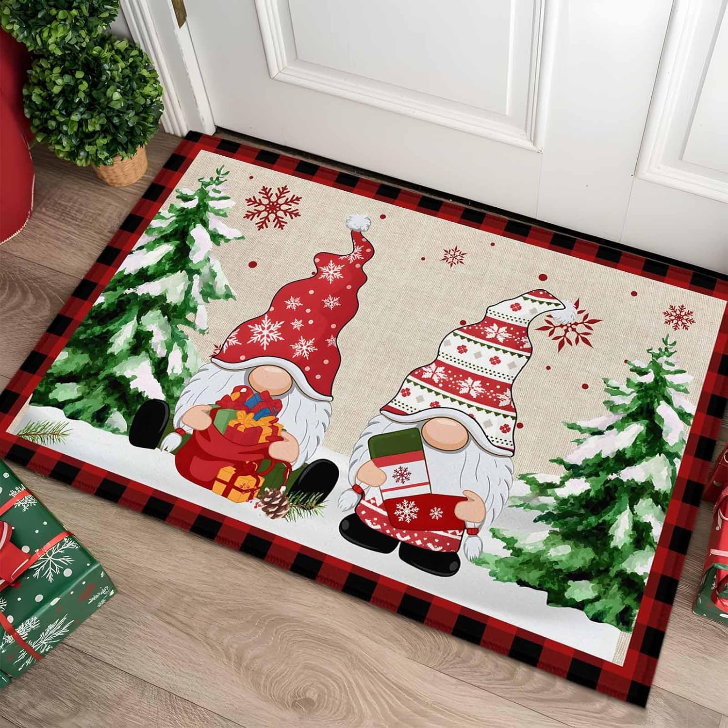 

VIKAMA Christmas Gnome Doormat Winter Dwarf Front Door Mat Non-Slip Washable Entryway Rug Holiday Home Decor 40x60cm 16x24inch