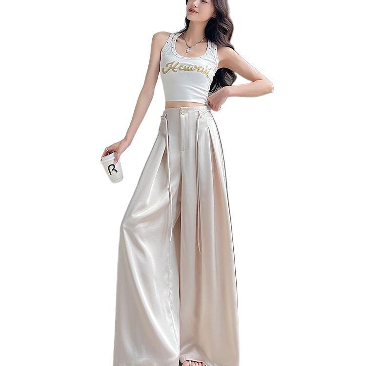2026 Damen High-Waist Acetatsatin Weitbeinige Bodenlange Hose - Stylischer Sommer Sonnenschutz Freizeitanzug.