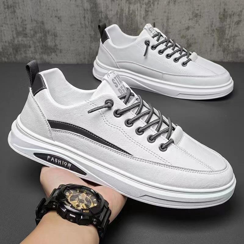 Sneakers Men's New Trend Leather Surface White Shoes Low Top Flat Baseplate Shoes Non-slip Casual Shoes Men