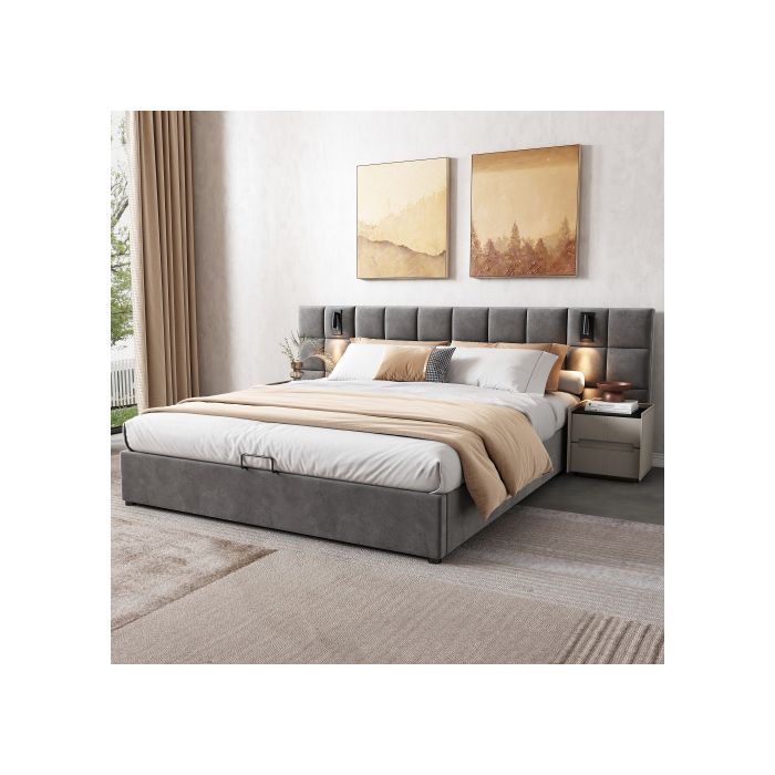 Lit rembourré - MUVOE - 160x200 cm - Acier - Avec rangement - Liseuse et USB