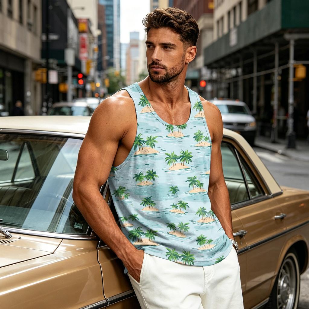 Men's Casual Hawaiian Print Outdoor Sports Tank Top Sleeveless Round Neck Summer Beachwear Lightweight Breathable Fabric