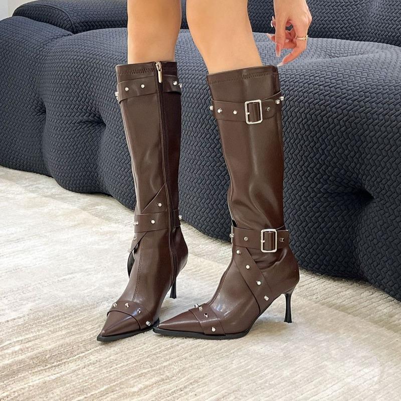 Fashion Women's High Quality Retro Pointed High Boot Sexy Rivet Women High Boots Stiletto Heels Belt Buckle Knight Boot Botas Para Mujer