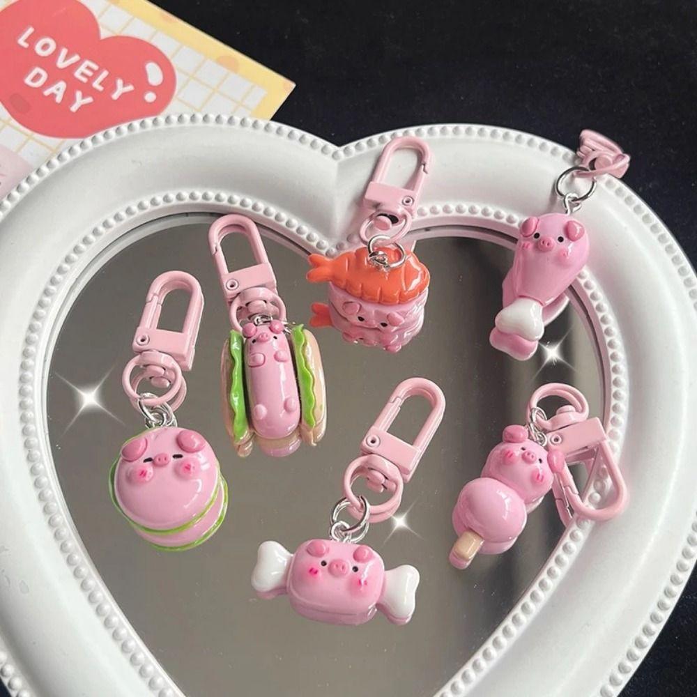 Pink Pig Hamburger Pig Animal Keyring Resin Pig Food Keychain Pink Pig Metal Keychain  Key Ring