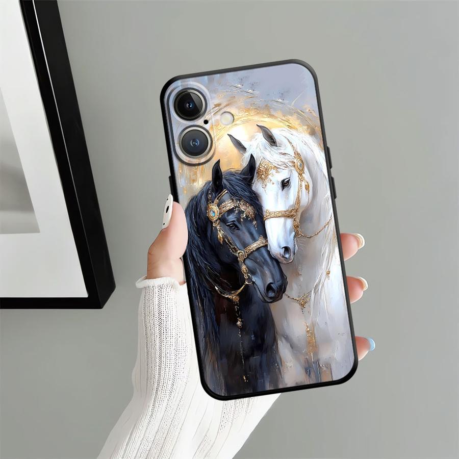 Animal Horse Pattern Black Soft Phone Cover Case for iPhone 15 16 14 Plus 7 8 13 12 11 17 Pro Max 17Air XR XS Max
