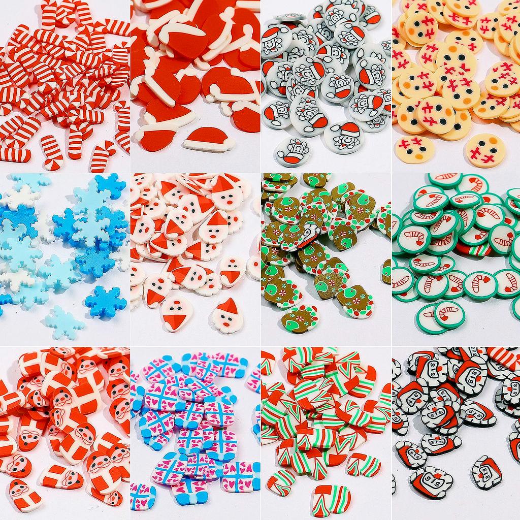 Weihnachts-Nageldesign-Accessoires aus Polymer Clay in einer Box: Schleimflocken, niedlicher Mann, Weihnachtsmann, Elch, Schneeflocken