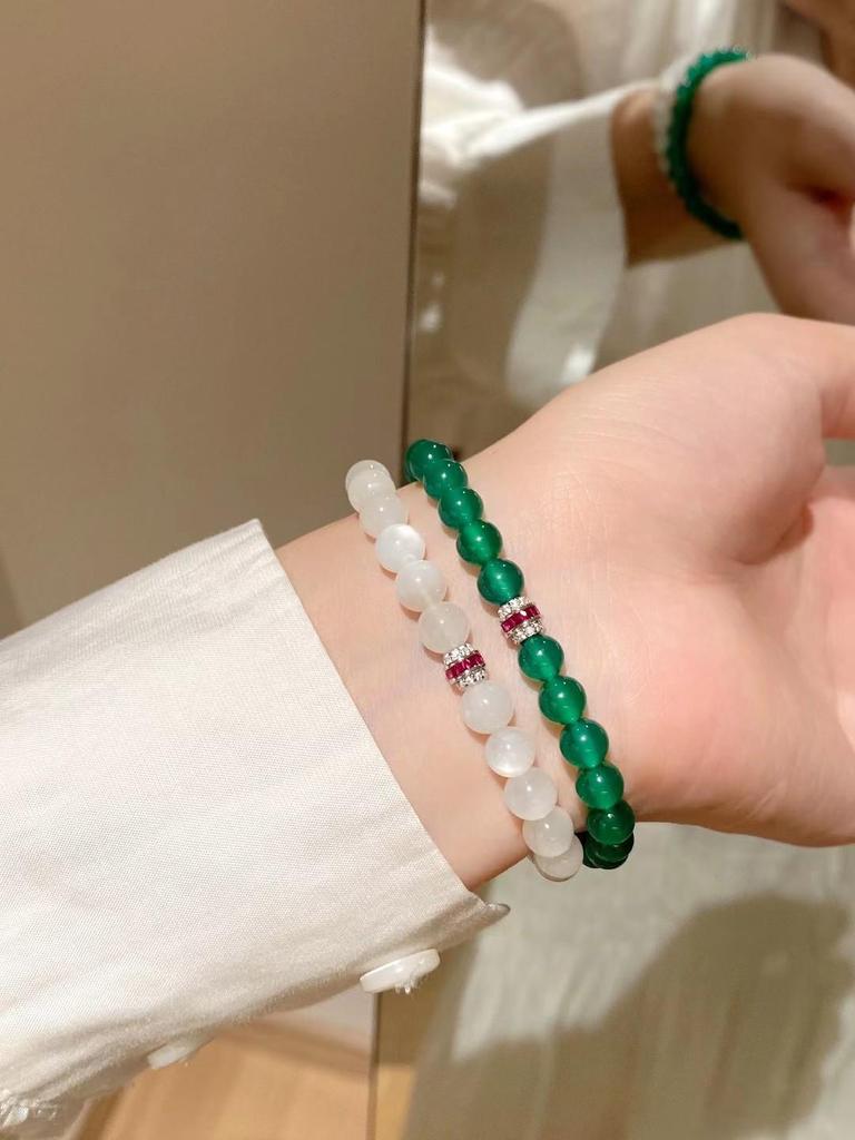Elegant Green Chalcedony Agate Beaded Bracelet - 6mm & 10mm Beads, New Chinese National Style