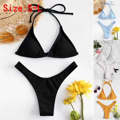 Women Sexy Solid Push Up Bikini High Cut Lace Up Halter Bikini Set Two Piece Swimsuit S-L