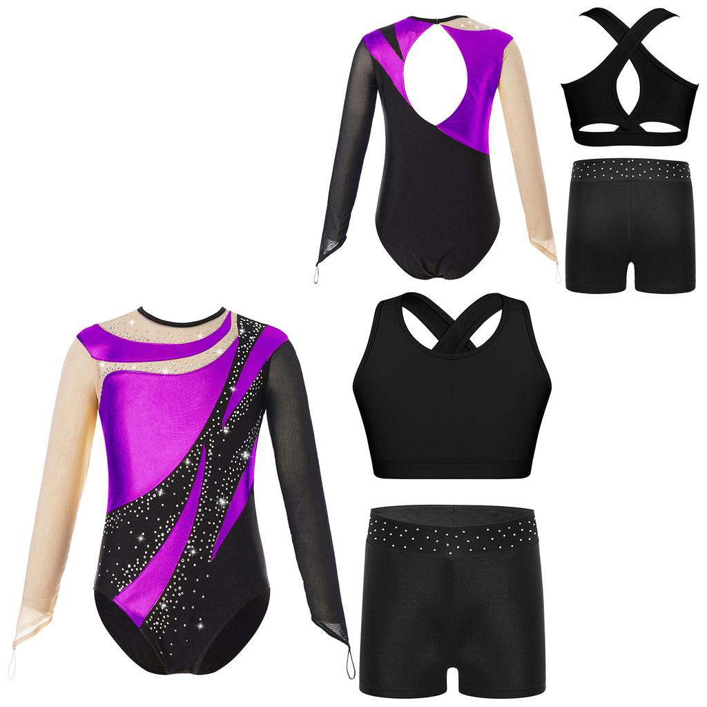 Gymnastics Leotard for Girls Kids with Shorts Long Sleeve Tumbling Ballet Dance Unitard with Active Vest