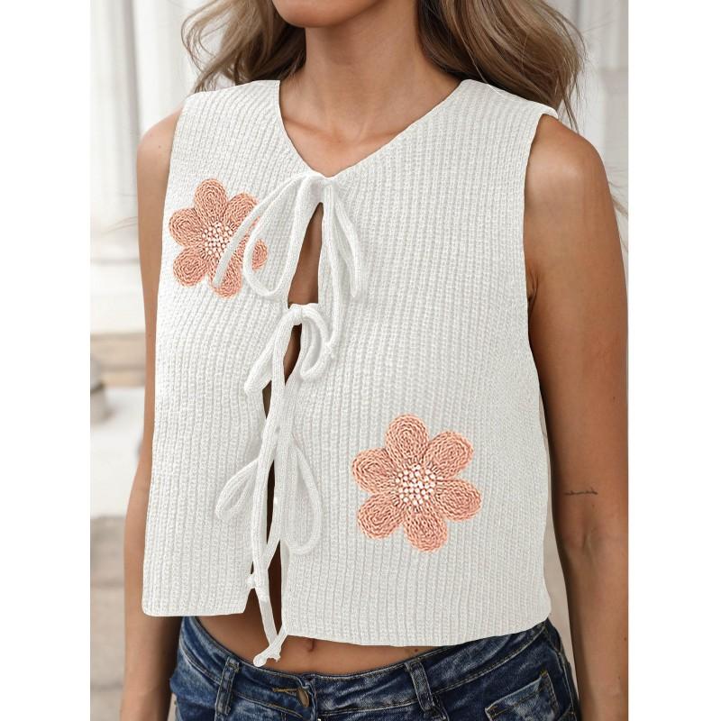 Womens Knit Open Front Cardigan With Embroidered Floral Detail V-Neck Sleeveless Tie-Up Cropped Top