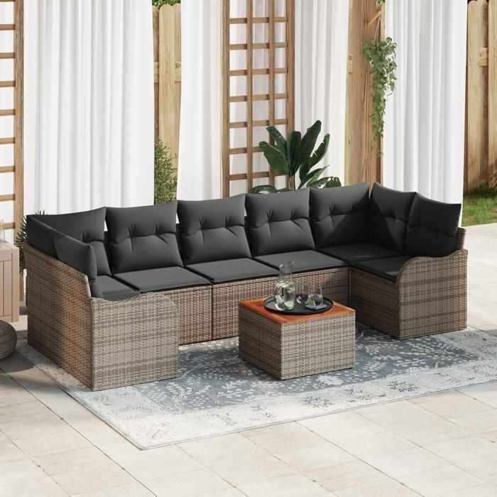 Ensemble de Canapés de Jardin 8 pièces avec Coussins Gris Poly Rattan Acacia, Canapé de Jardin 2 Places avec Rangement &amp; 3356088