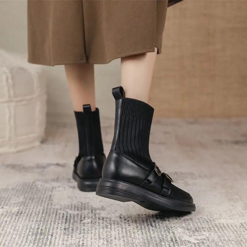 Fashion Elegant with Medium Heels Short Shoes for Woman Sock Booties Round Toe Women's Ankle Boots Brown Elastic Footwear Spring Autumn