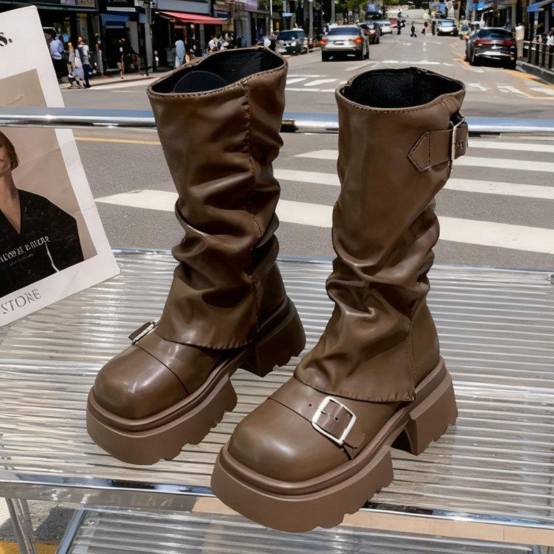 Brown Thick-soled Heightening Martin Boots Women's New Spring, Autumn and Winter Retro Beauty Boots Belt Buckle