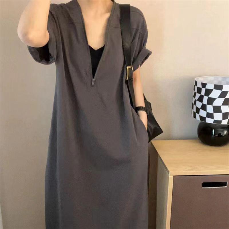 Retro Hepburn Style Plus Size Zipper Dress - Solid Color, Loose Fit Long Dress for Women