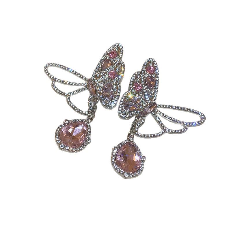 Silver Needle Luxury Rhinestone Butterfly Drop Earrings